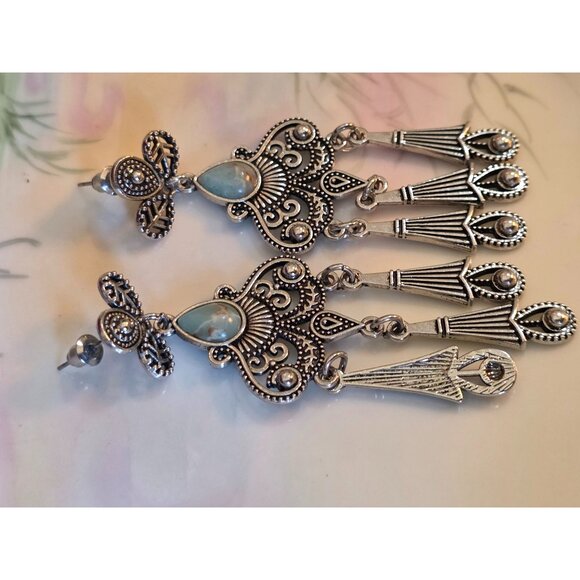 Georgian-Inspired Silver & Turquoise Dangle Chandelier Earrings - Picture 3 of 5
